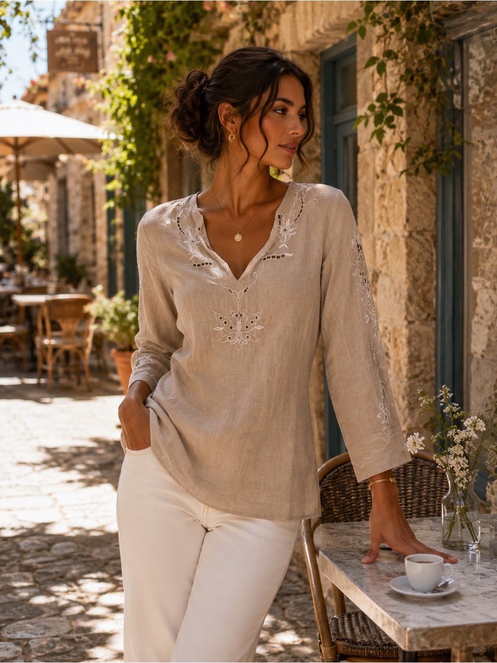 René Derhy Linen Ramie Blend- Embroidered Boho Top | Size M